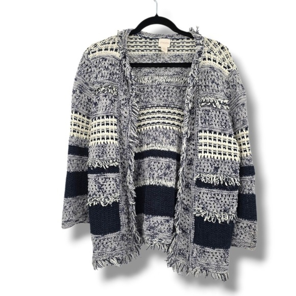 Chico's Womens Cardigan Sweater Size 2 Blue White Striped Fringe Open Front Knit